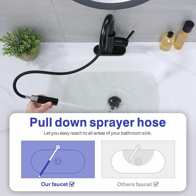 Kablle Bathroom Sink Faucet with Pull Down Sprayer, Oil Rubbed Bronze Single Handle Pull Out Faucet with Pop-Up Drain, 1 or 3 Hole Laundry Bar Basin Faucet with Deck Plate, KBL-7002ORB-CL - Image 4